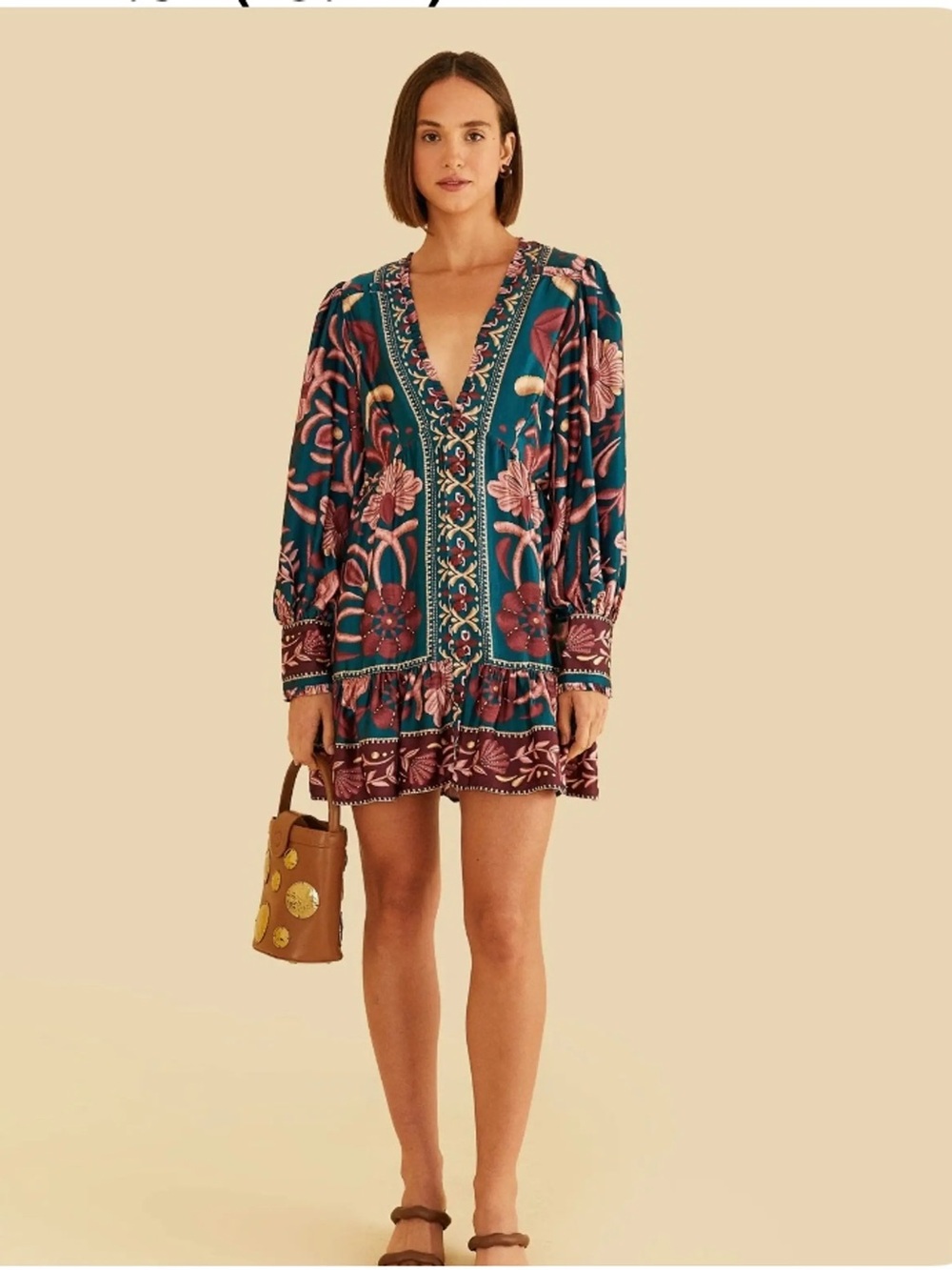 FARM Rio Seashell Tapestry Teal Long Sleeve Mini Dress